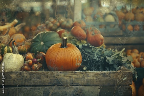 A wooden box filled with various pumpkin types for decoration or harvest