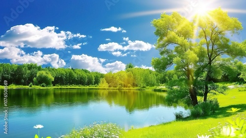 Gorgeous sunny day landscape featuring vast green fields stretching as far as the eye can see, with colorful wildflowers dotting the meadows