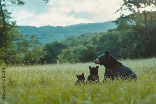 A mother bear and her two cubs playing together in a green field