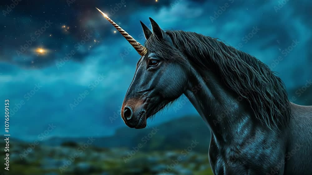 ambient fantasy a black unicorn with gold horn at grass field under starry night sky ambient fantasy a black unicorn with gold horn at grass field under starry night sky