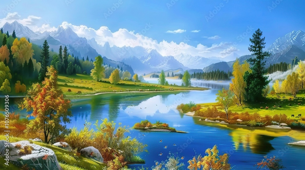 Gorgeous sunny day landscape featuring vast green fields stretching as far as the eye can see, with colorful wildflowers dotting the meadows