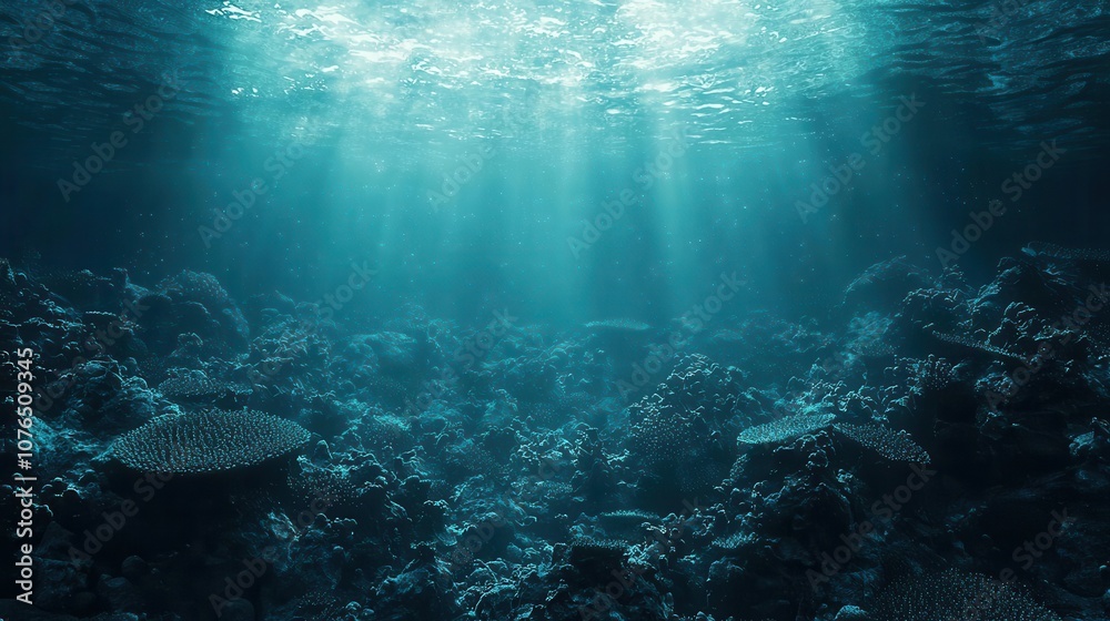 Naklejka premium Beneath the surface, a tranquil underwater scene showcases vibrant coral reefs illuminated by soft, streaming sunlight.