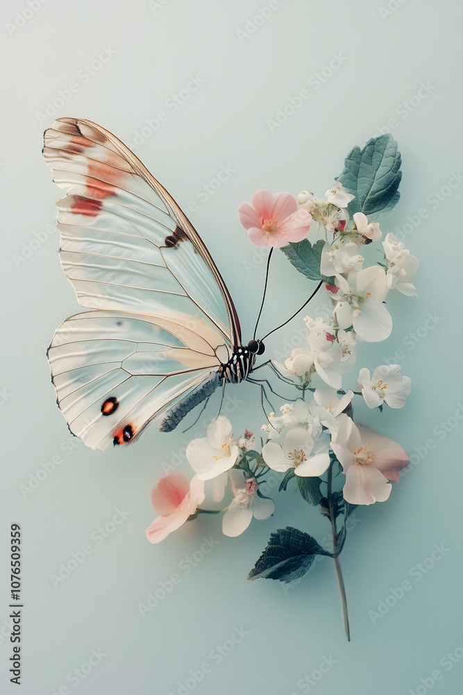 butterfly on a flower on a soft blue background