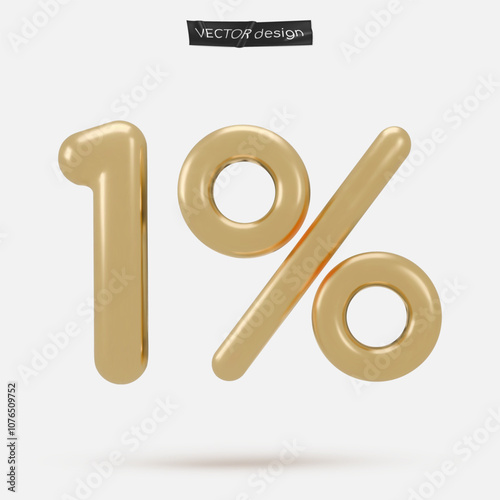 Golden icon, 3d render one percent sign, 1 %. Realistic design element. Vector illustration isolated on white for postcard, icons, poster, banner, web, design, arts. Black Friday Sale