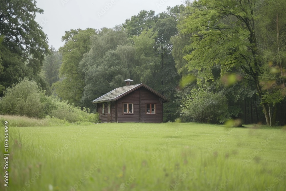 Rustic cabin surrounded by greenery, suitable for rural landscape or outdoor adventure concepts Rustic cabin surrounded by greenery, suitable for rural landscape or outdoor adventure concepts