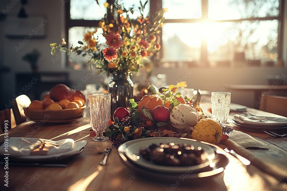 Naklejka premium Warm sunlight on a festive table with food and flowers