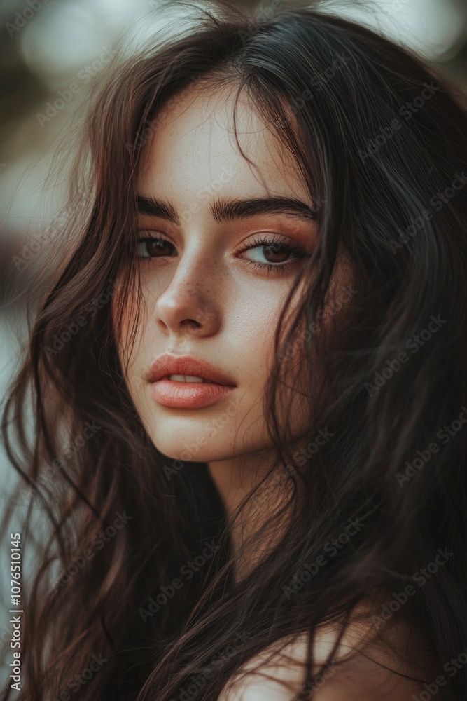 Close-up view of a woman's face with long, flowing hair Close-up view of a woman's face with long, flowing hair