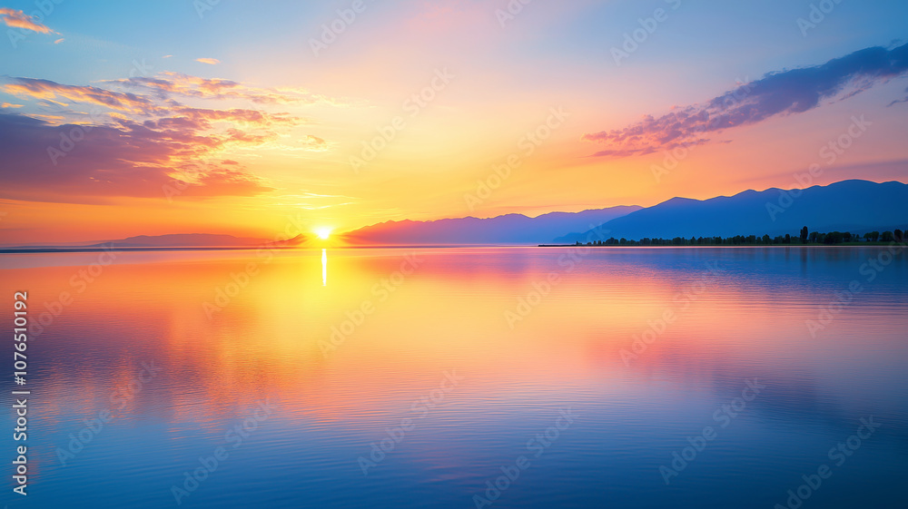 Naklejka premium Serene sunset over tranquil lake and mountains with vibrant sky reflections