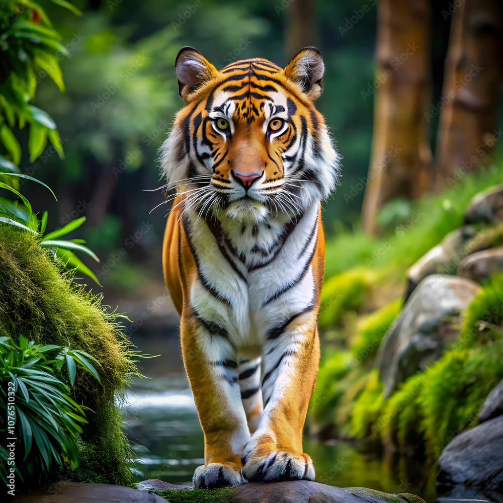 majestic tiger roaming freely in its natural forest habitat majestic tiger roaming freely in its natural forest habitat
