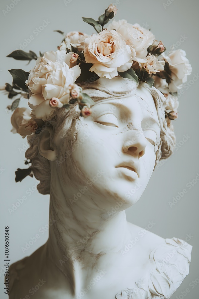 Portrait of a marble female statue with a flower crown on a gray background