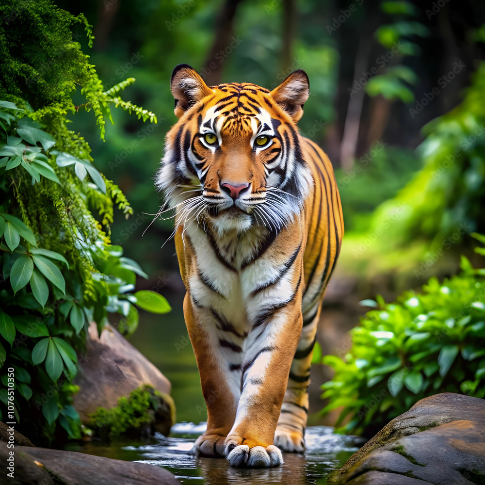 Fototapeta premium majestic tiger roaming freely in its natural forest habitat