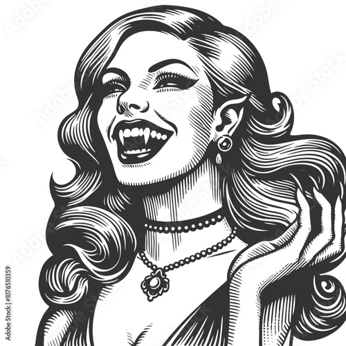 smiling female vampire with fangs and glamorous hairstyle, blending horror and retro elegance sketch engraving generative ai vector illustration. Scratch board imitation. Black and white image.