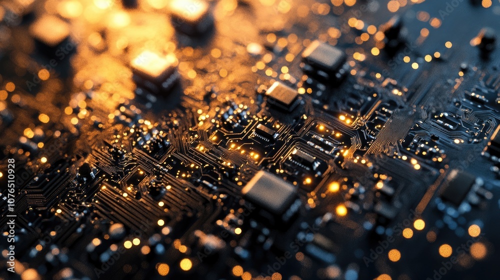 A detailed view of a computer motherboard's components and circuitry A detailed view of a computer motherboard's components and circuitry