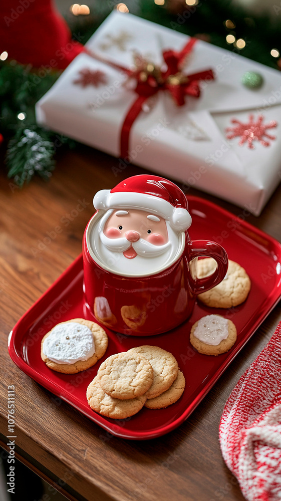 A mug shaped like Santa Claus with milk and cookies on the table next to it, text A mug shaped like Santa Claus with milk and cookies on the table next to it, text