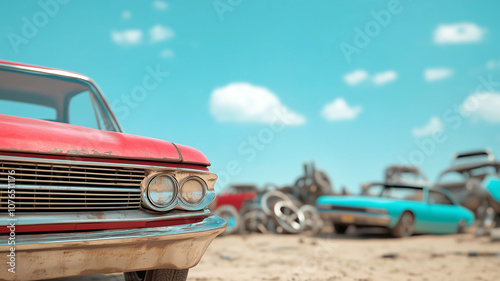 Vintage cars resting in a desert junkyard under a bright blue sky