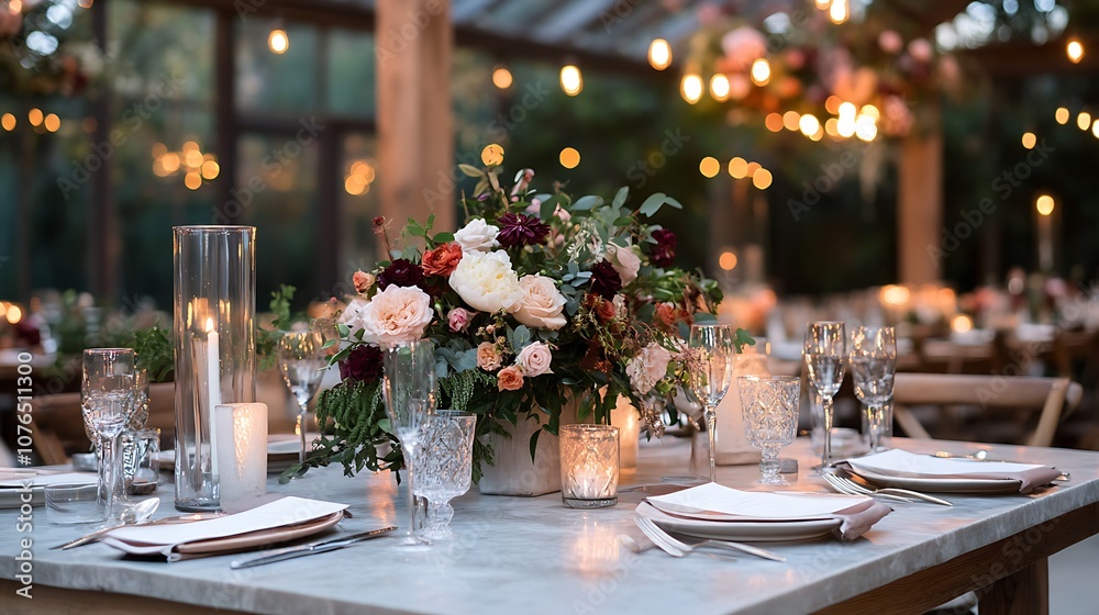 A beautifully decorated table setting with flowers, candles, and glassware in a glasshouse with string lights. A beautifully decorated table setting with flowers, candles, and glassware in a glasshouse with string lights.