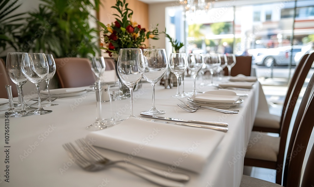 A beautifully set table in a modern dining room with white tablecloth, glassware, silverware, and a bouquet of flowers. A beautifully set table in a modern dining room with white tablecloth, glassware, silverware, and a bouquet of flowers.