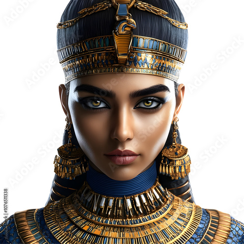 Ancient Egyptian Queen with Golden Jewelry and a Blue Dress Isolated on Transparent Background photo