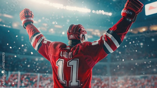 A hockey player in a red jersey with number 11 raises his arms photo