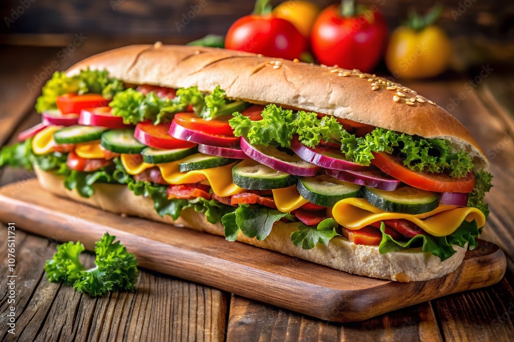 Mouthwatering Long Sub Sandwich with Layers of Fresh Meat, Cheese, and Colorful Vegetables Perfectly Presented in the Rule of Thirds for Culinary Photography Enthusiasts Mouthwatering Long Sub Sandwich with Layers of Fresh Meat, Cheese, and Colorful Vegetables Perfectly Presented in the Rule of Thirds for Culinary Photography Enthusiasts