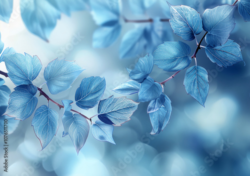 Serene Blue Leaves on Branch With Soft Focus Background photo