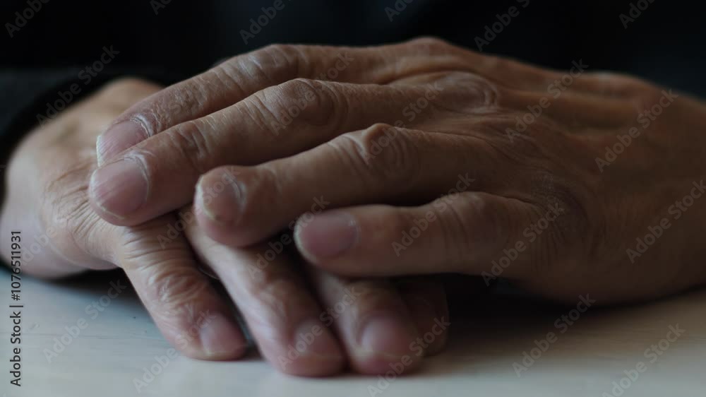 close up of elderly man's hands on table, pensioner hands folded on top of each other, concept elderly people lonely close up of elderly man's hands on table, pensioner hands folded on top of each other, concept elderly people lonely