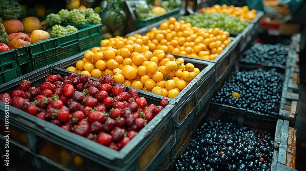 A vibrant display of fresh fruits at a market stall. A vibrant display of fresh fruits at a market stall.