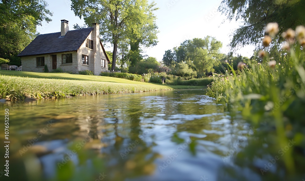 Obraz premium A charming cottage with a picturesque stream in front of it.