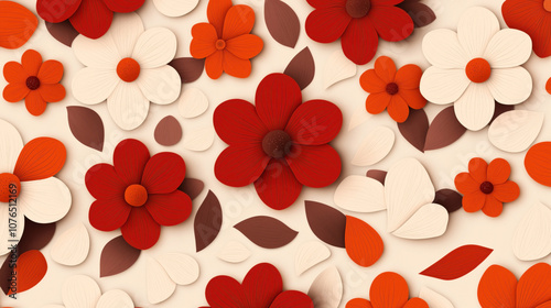 Seamless pattern with paper cut style floral elements featuring red, orange, and beige flowers and leaves on a neutral background