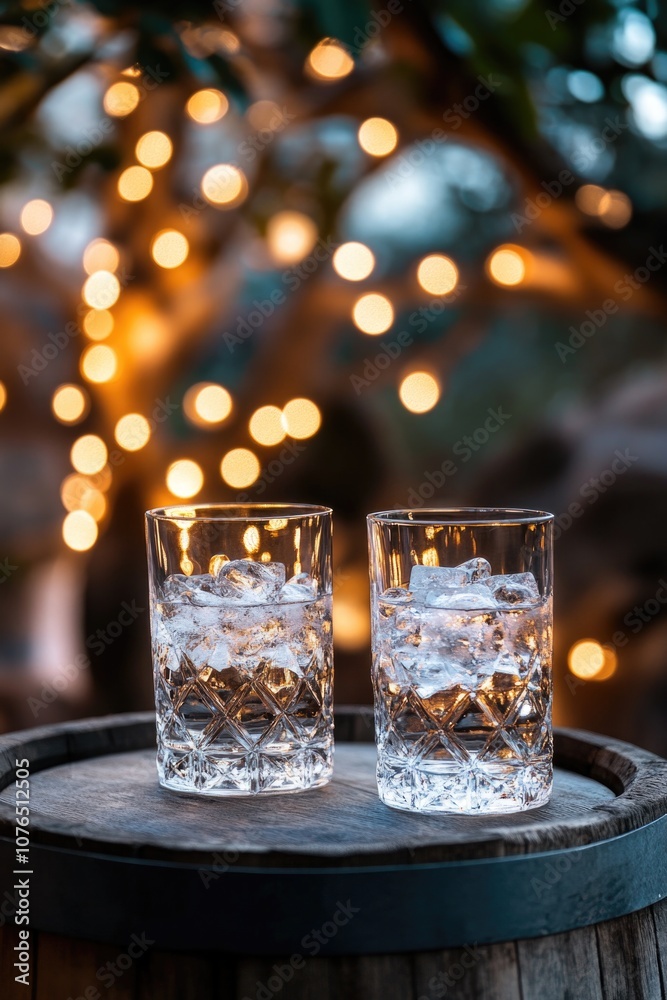 Two glasses of water sitting on top of a barrel Two glasses of water sitting on top of a barrel