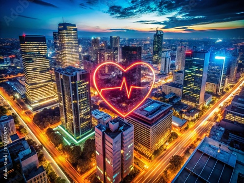 Neon Blood Pressure Symbol Illuminating a Cityscape at Night, Highlighting Health Awareness with a Futuristic Glow in Urban Environment and Modern Technology photo