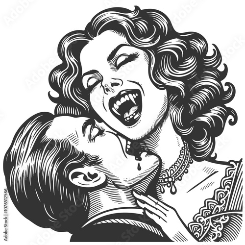 vampire couple in an intense, gothic embrace, classic horror style dark romance or Halloween themes sketch engraving generative ai vector illustration. Scratch board imitation. Black and white image.