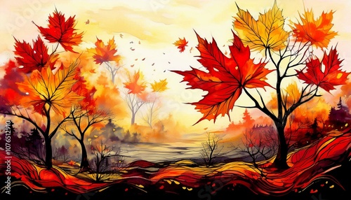 Red and yellow autumn leaves swaying in the wind. Oriental painting.