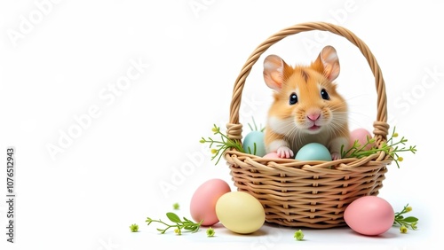 Easter Basket with humster and colorful easter eggs on white background. Easter card,  background. Idea for greeting card, veterinariaan advertising, pets shop, pets store photo