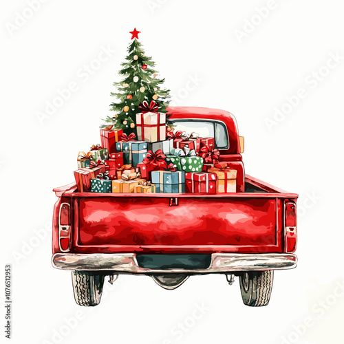 Watercolor winter cartoon illustration with hand painted Christmas red pick up truck with presents and snowy pine trees, isolated on white background Holiday merry christmas card and invitation design