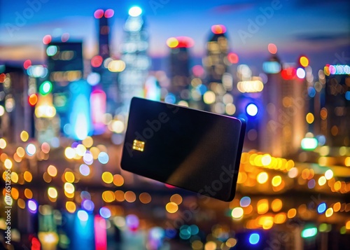 Night Photography of a Black Bank Card with Glowing Elements and Urban Background for Financial Concepts and Digital Transactions