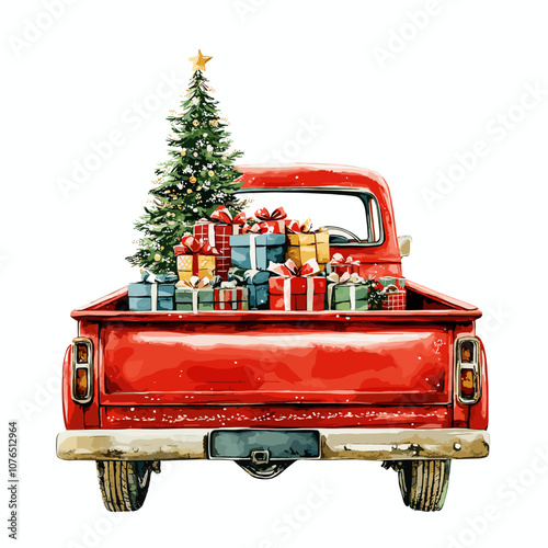 Watercolor winter cartoon illustration with hand painted Christmas red pick up truck with presents and snowy pine trees, isolated on white background Holiday merry christmas card and invitation design