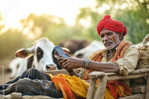 A man sits in a wooden chair wearing a distinctive red turban photo