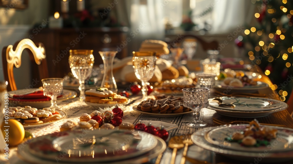 A festive table setting with a Christmas tree in the background, perfect for holiday gatherings A festive table setting with a Christmas tree in the background, perfect for holiday gatherings