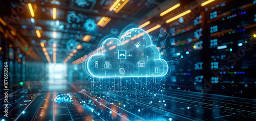 Cloud computing concept, showcasing file upload and storage symbols, representing business automation, digital transformation, and modern data management