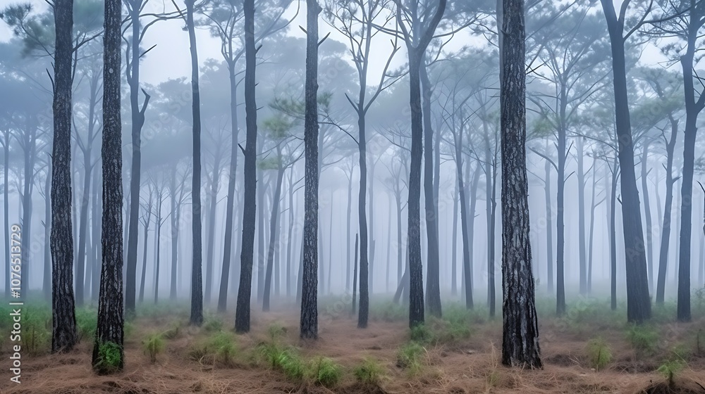 Fototapeta premium Tall Pine Trees in a Foggy Forest
