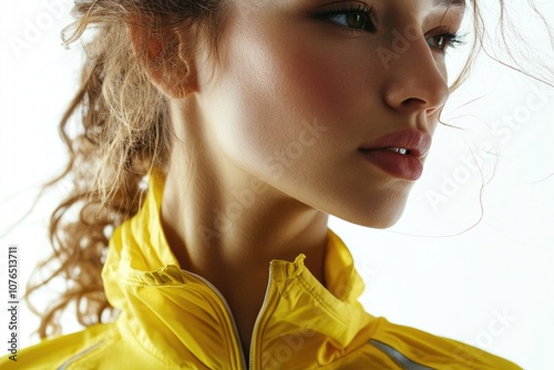 A woman with a ponytail wearing a yellow jacket, great for use in travel or outdoor scenes #1076513711