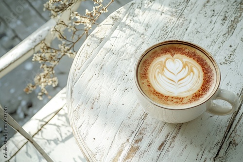 A cup of coffee sits alone on a table, ready to be enjoyed photo