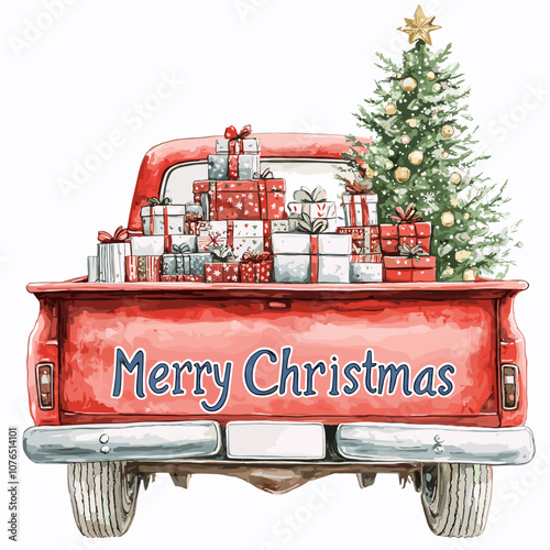 Watercolor winter cartoon illustration with hand painted Christmas red pick up truck with presents and snowy pine trees, isolated on white background Holiday merry christmas card and invitation design
