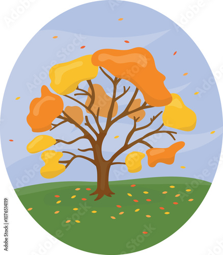 vector cartoon illustration of autumn tree with falling leaves isolated on white background