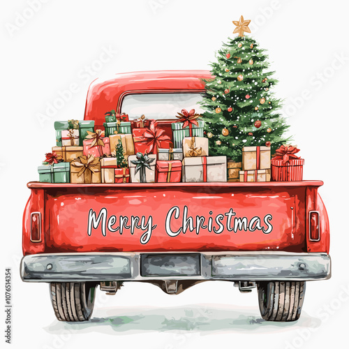 Watercolor winter cartoon illustration with hand painted Christmas red pick up truck with presents and snowy pine trees, isolated on white background Holiday merry christmas card and invitation design