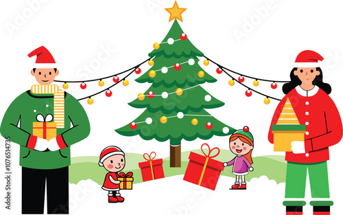 Happy family decorating Christmas tree . Winter Christmas fun colored vector illustration for greeting card .