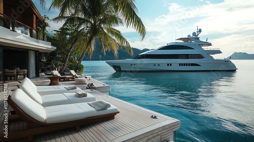 A luxury yacht is docked at a tropical island villa.