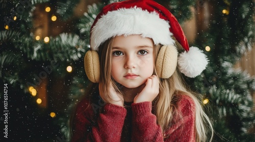 Girl in Santa hat holding fluffy earmuffs against a background of garlands with daylight,