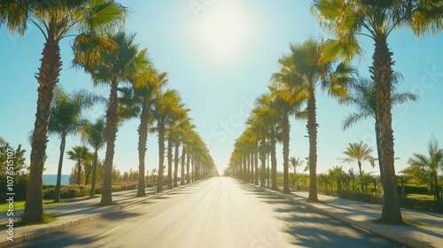 Sunlit road lined with palm trees, clear blue sky above, relaxed summer road trip atmosphere,